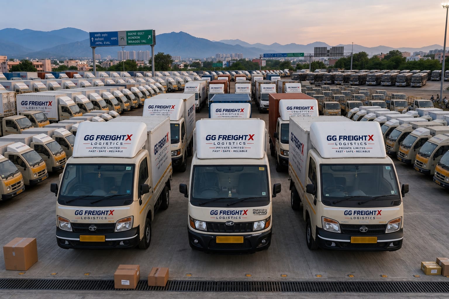 GG FreightX fleet yard at sunset