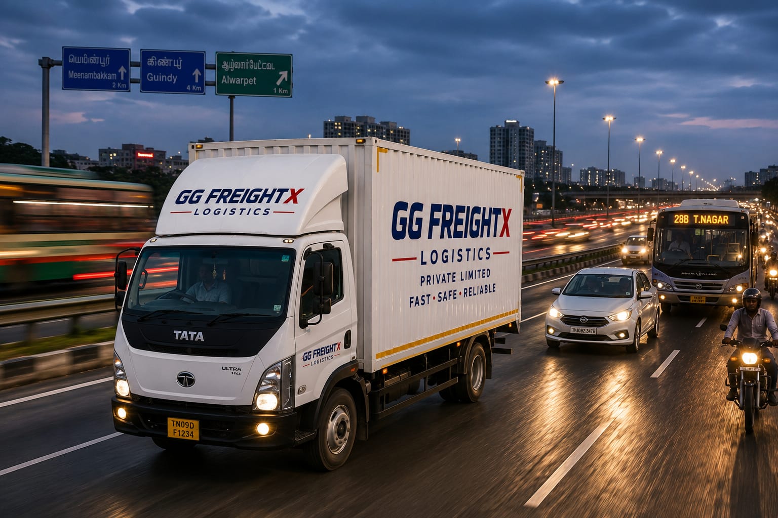 GG FreightX truck on the highway at night